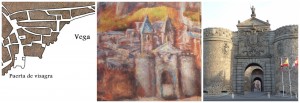 1) Plano dibujado (C. Bas Vivancos, 2015) 2) Fragmento del cuadro del Greco,  Vista y plano de Toledo. Museo del Greco de Toledo 3) Puerta de Bisagra (R. del Cerro 2015)
