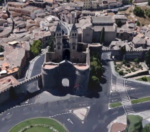 Imagen de Google-Earth  Puerta de Bisagra: Latitud 39°51'45.28"N;  Longitud  4° 1'3.32"O 