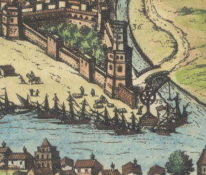 Figura 5. Detalle del puerto de las Muelas con su grúa, junto a la Torre del Oro (36). Con el número 37 también se puede ver la Torre de la Plata. Instituto Geográfico Nacional